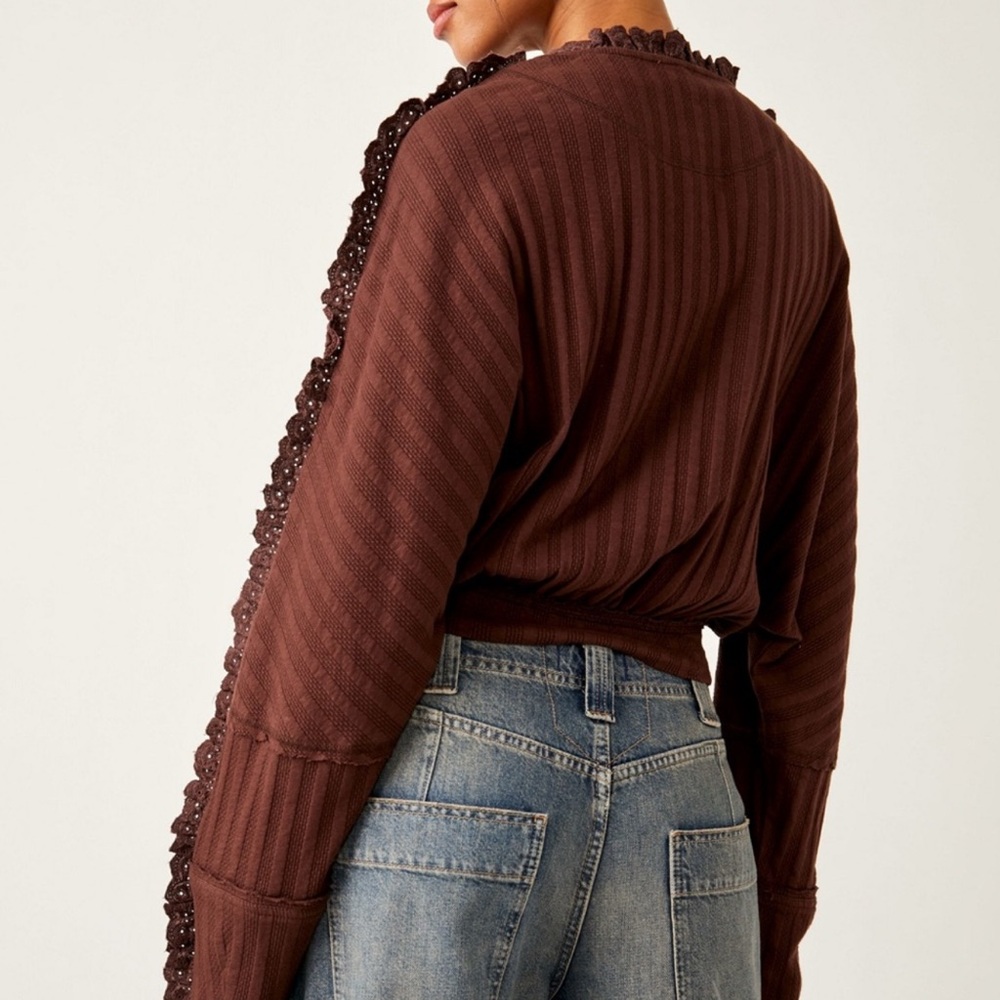 Free People More Romance Eyelet Lace Ruffle Mocha Shirt- Small - Picture 3 of 11